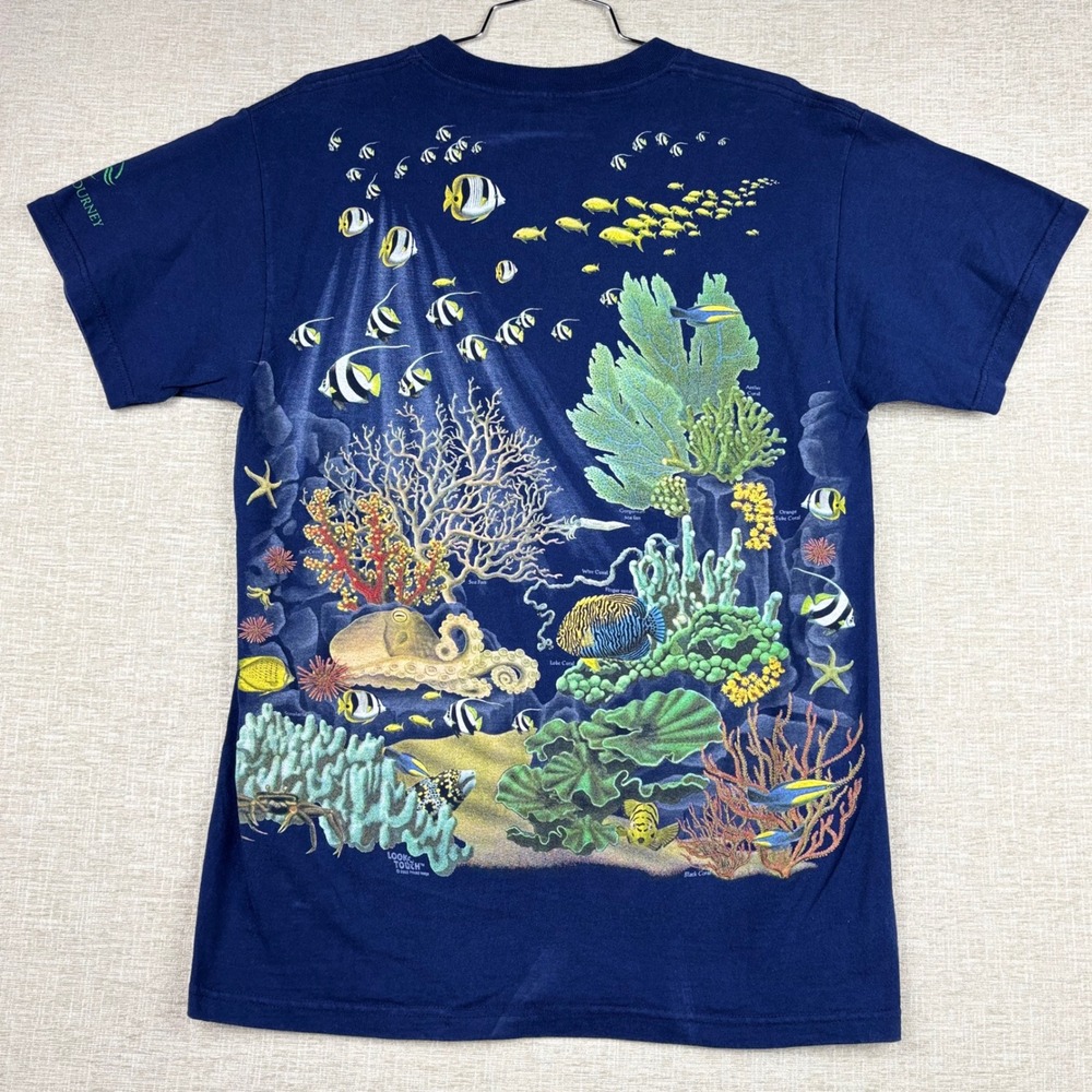 Vintage 2002 Ocean Journey Coral Reef Fish All Over Print T-Shirt Navy Blue M - Picture 5 of 10